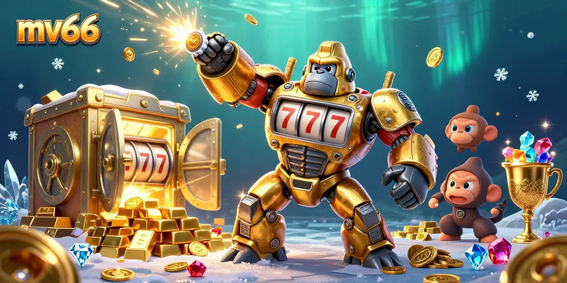 Engage with mv66's exciting casino experience through a vibrant illustration of a golden mech and treasures.