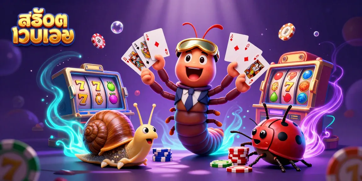 Engage with สล็อตเว็บตรง as a colorful millipede dealer handles playing cards surrounded by dynamic slot game elements.