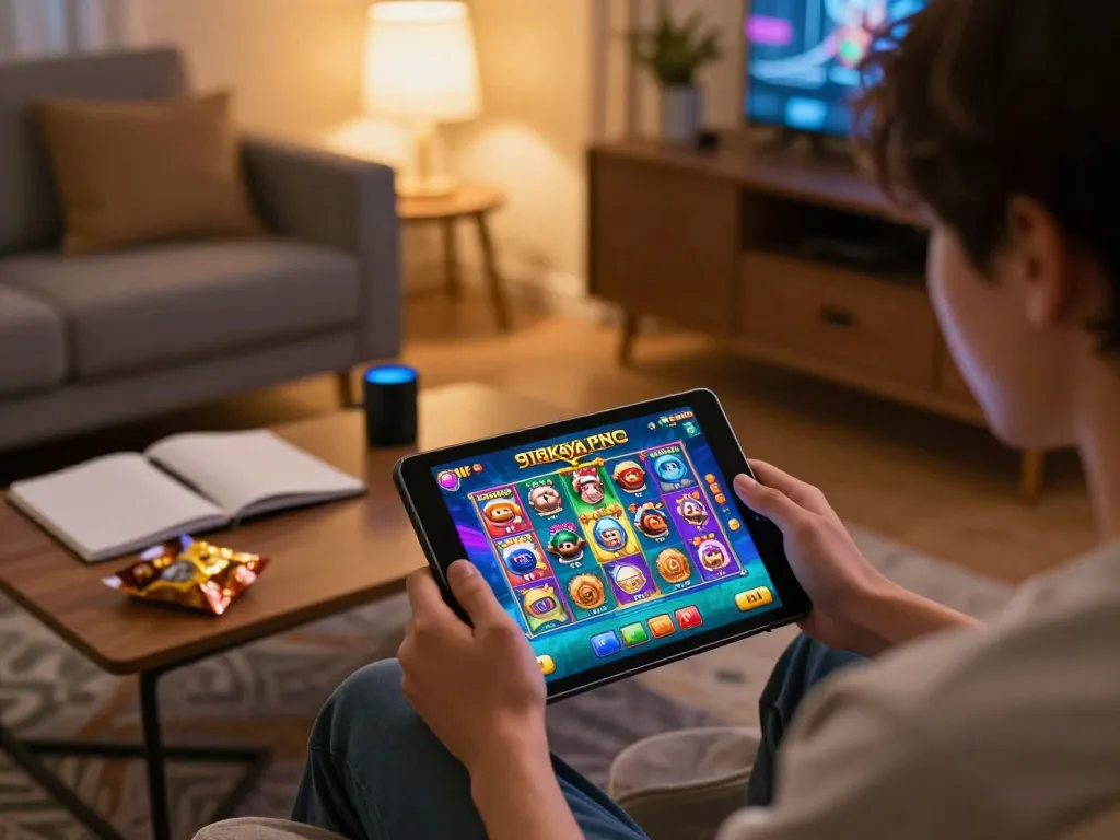 Engaging gameplay on 918Kaya PNG platform, showcasing vibrant slot games on a tablet in a cozy home setting.