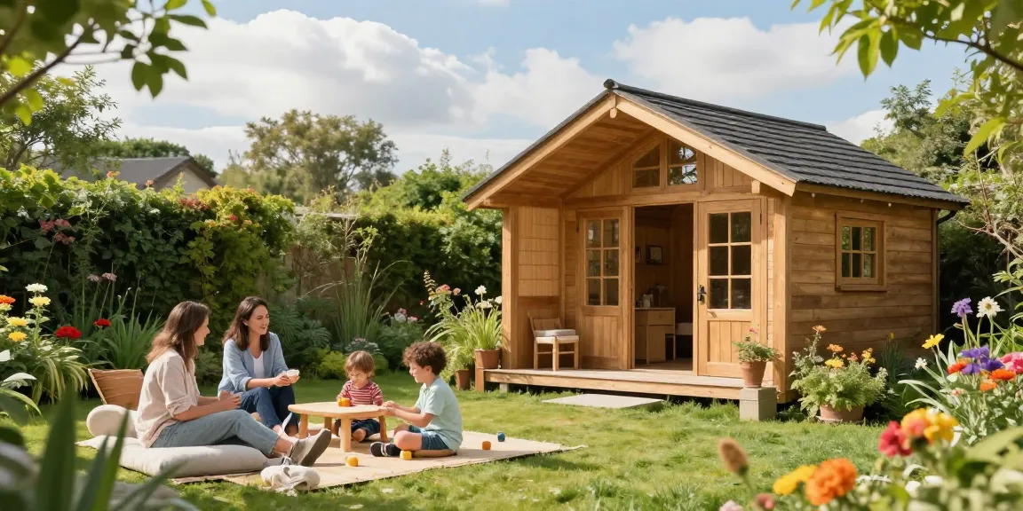 Familie genießt Zeit im Garten neben ihrem Garten Haus, umgeben von blühenden Pflanzen.