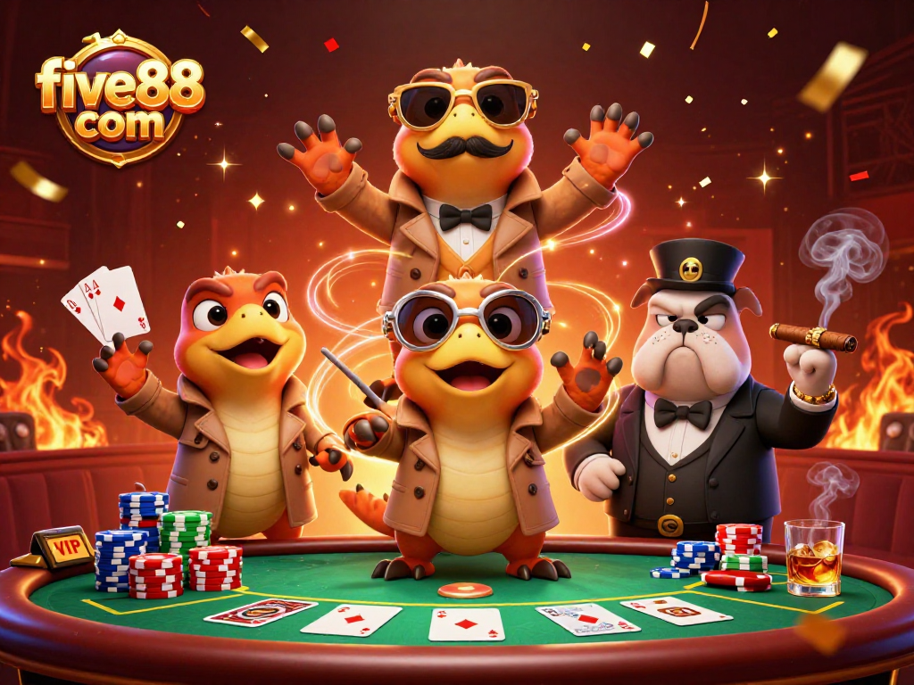 Experience the thrill of five88 com with raptors entering a VIP casino lounge in a humorous scene.