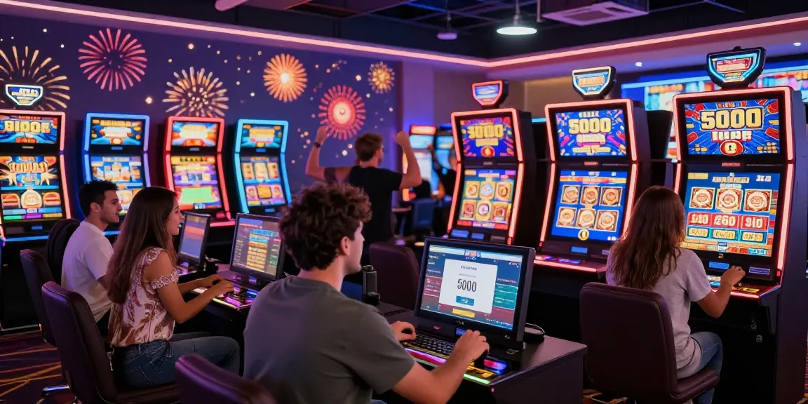 Players celebrating a big win in a vibrant online casino with slot deposit 5000 transactions.