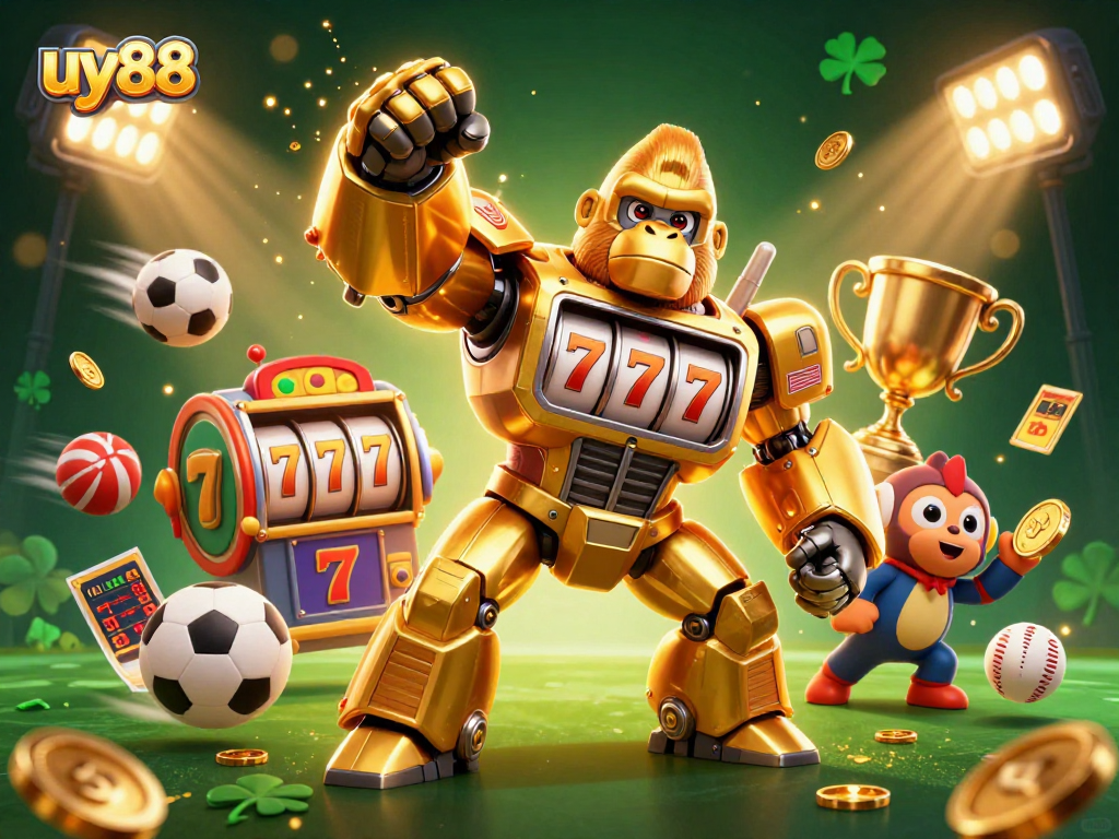 Experience thrilling entertainment with uy88 through this vivid 3D illustration of a golden gorilla mech and sports elements.