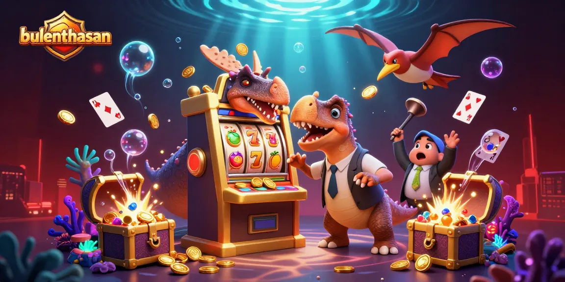 Bulenthasan showcases a vibrant scene with a dinosaur hitting a slot machine amidst golden coins, illustrating an exciting online casino experience.