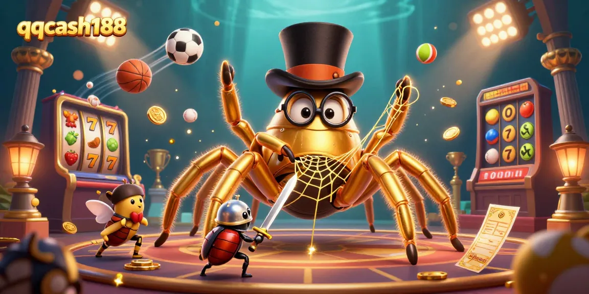 Experience the excitement of qqcash188 with a vibrant 3D casino illustration featuring colorful slot reels and dynamic sports elements.