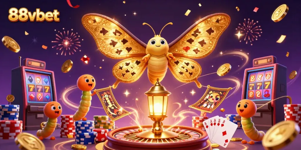 Betting with 88vbet: Experience vibrant casino scenes made magical by a golden atlas moth.
