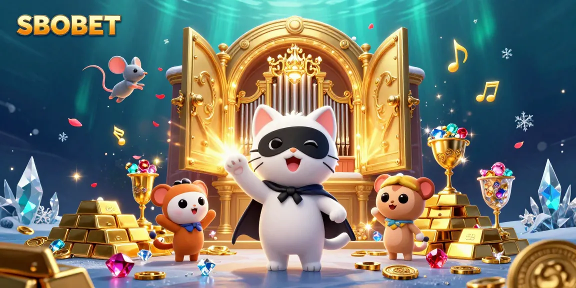 Experience SBOBET excitement with a captivating phantom cat and casino treasures in a dynamic 3D scene.