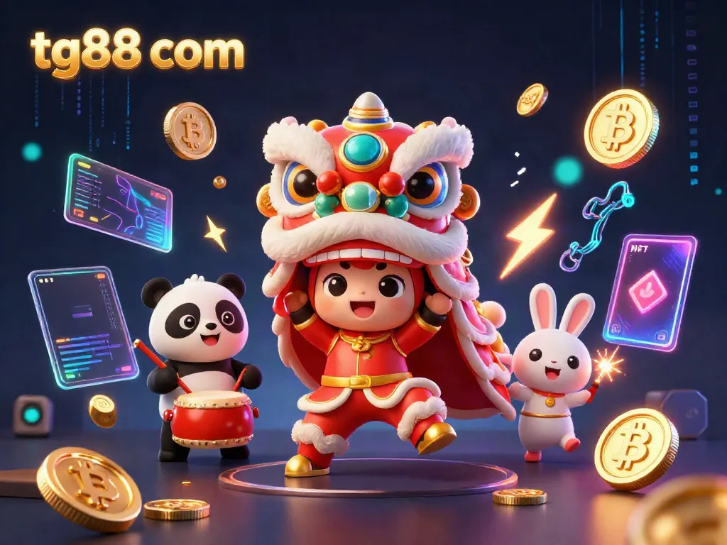 Experience the excitement of tg88 com with a vibrant 3D illustration of a lion dance and crypto elements.
