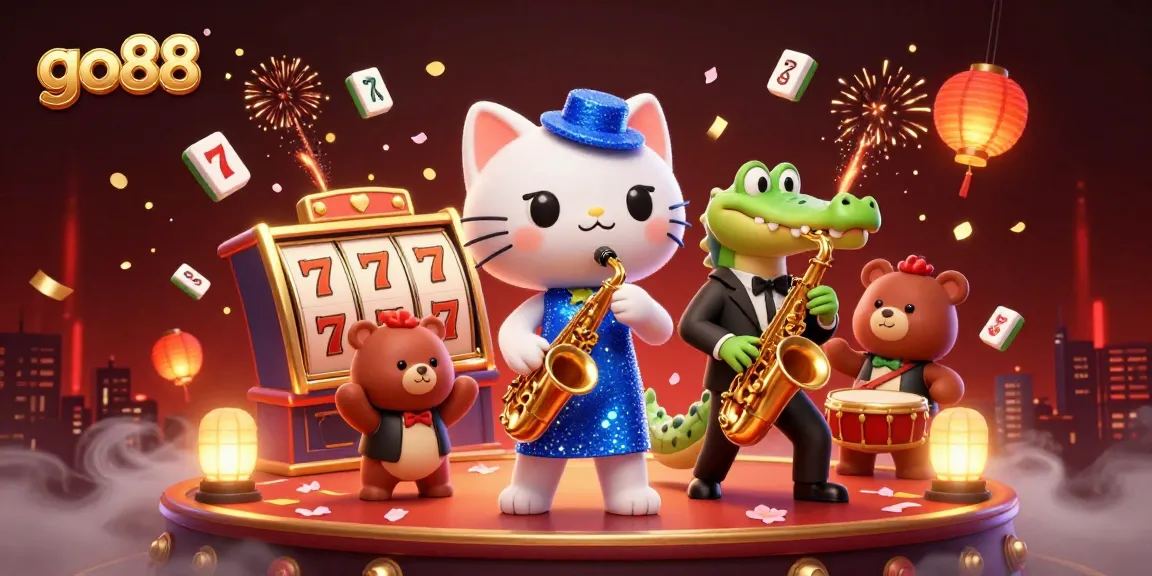 Experience the excitement of go88 with vibrant casino characters celebrating under sparking fireworks.