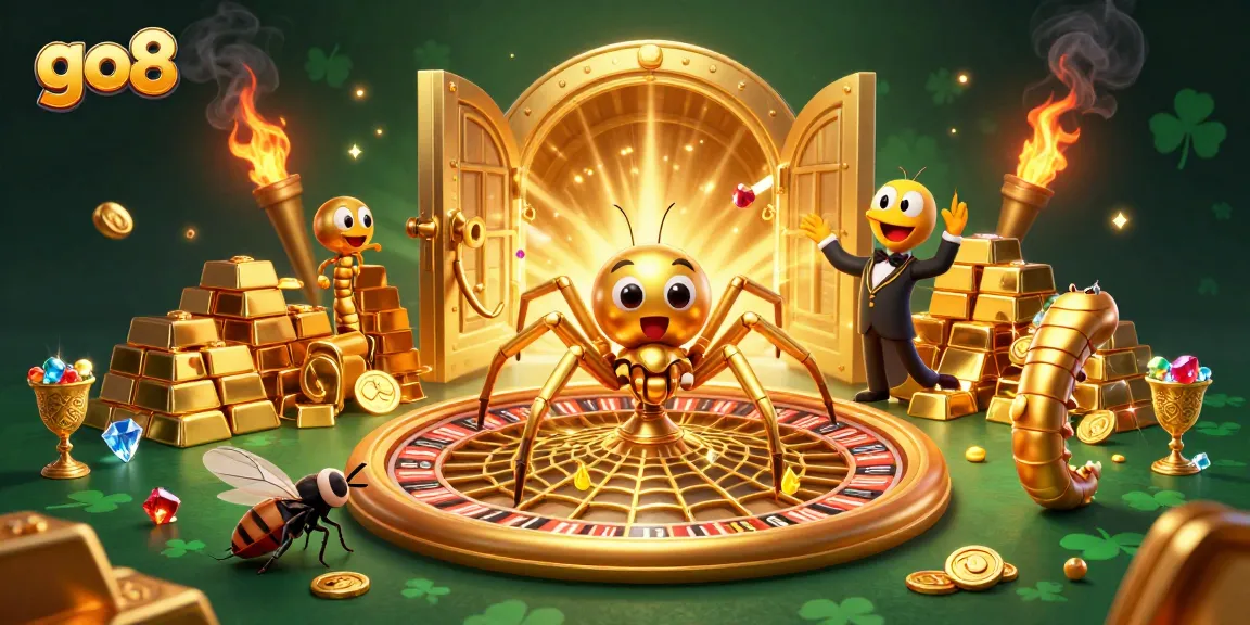 Bet with go8 at a vibrant 3D casino scene featuring a golden spider, roulette wheel, and treasure.