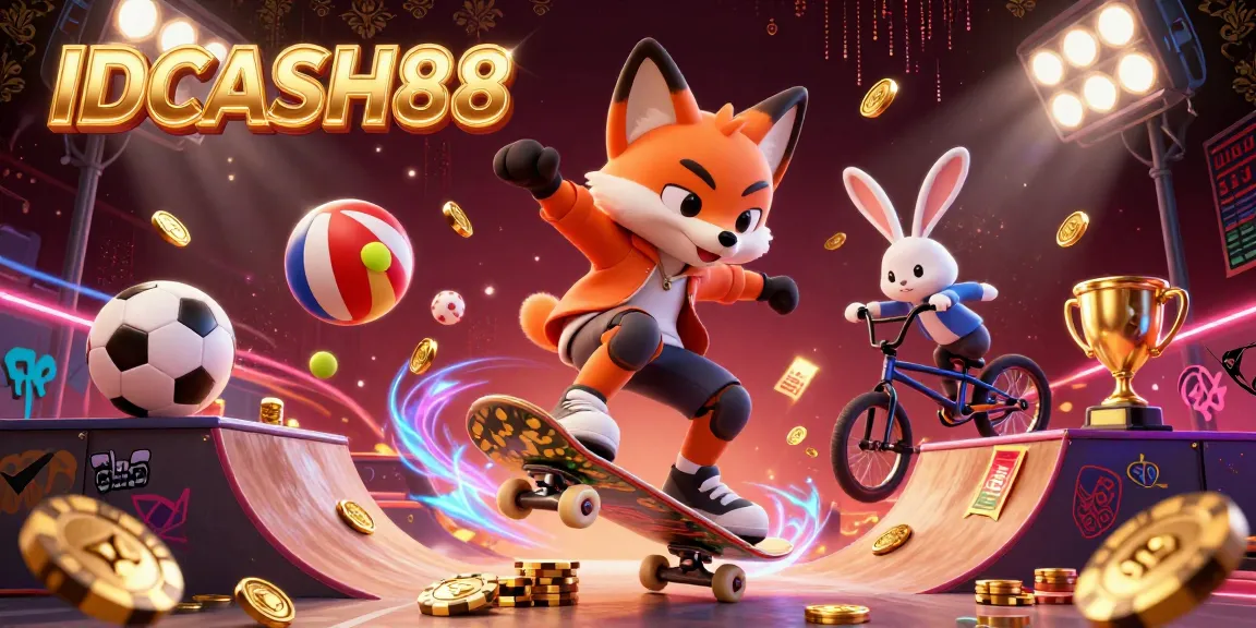 Experience excitement with IDCASH88, featuring a dynamic skateboarder fox and BMX rabbit in an engaging casino scene.