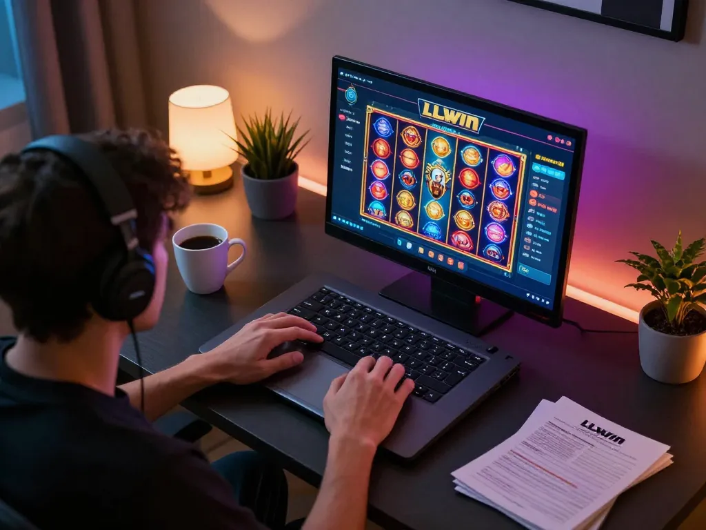 Player engaging with LLwin ink online slots at home, showcasing strategic gaming setup and cozy ambiance