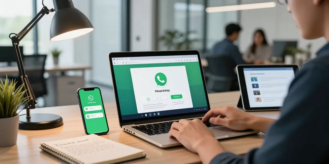 Using WhatsApp網頁版 on a laptop in a modern workspace with notifications and productivity tools.