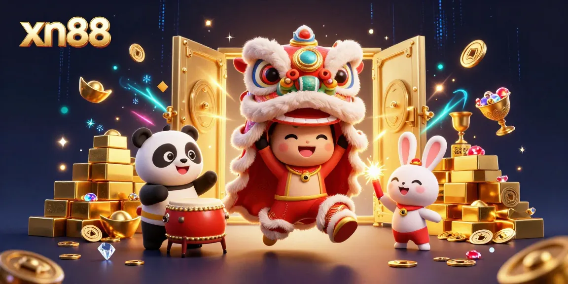 Experience thrilling luck at xn88 with festive characters and vibrant treasures in a lively casino scene.