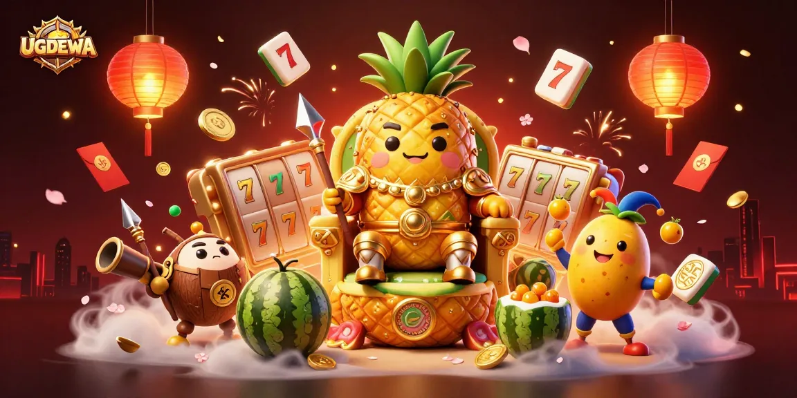 Spin the reels at UGDEWA with vibrant casino scenes featuring a golden pineapple king and festive elements.