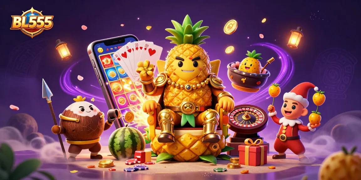 Experience excitement at BL555 with a golden pineapple king and casino games in a vibrant scene.