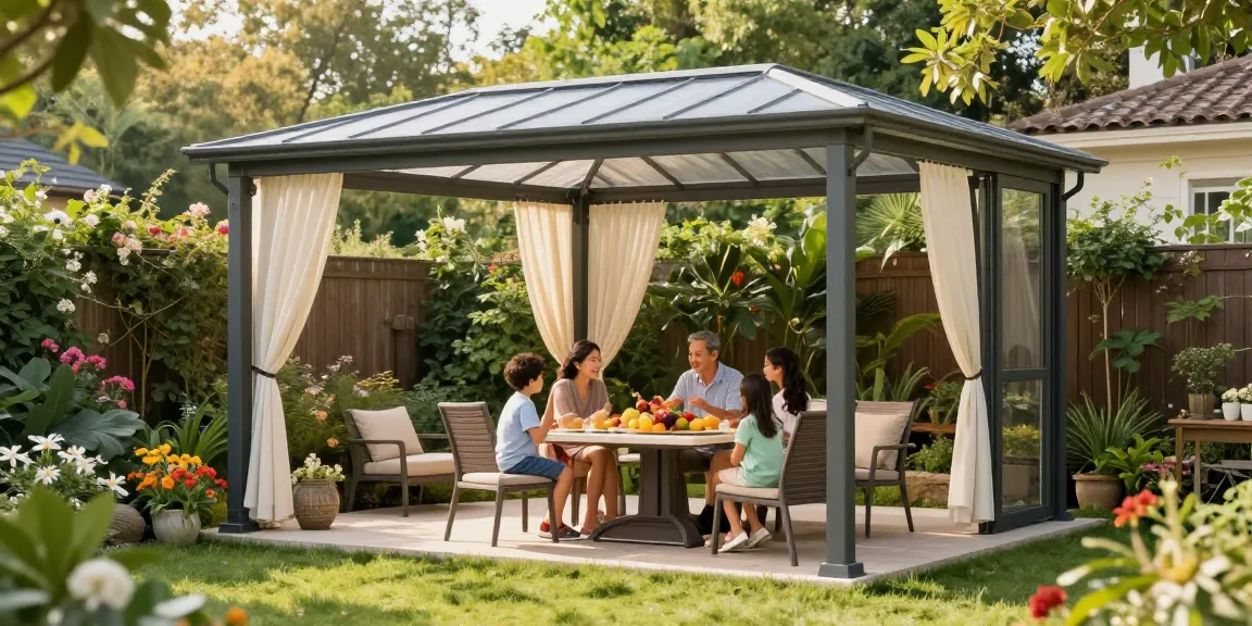 Freistehende Terrassenüberdachung in einem einladenden Garten, ideal für gesellige Momente.