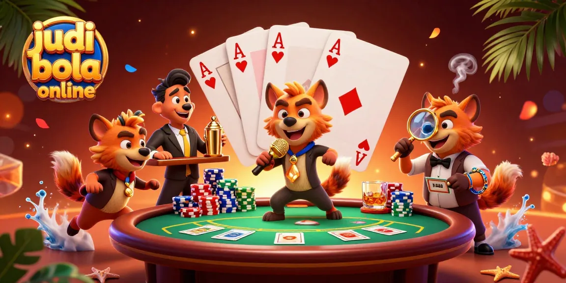 Experience the thrill of judi bola online with lively hyenas in a casino scene showcasing poker elements.