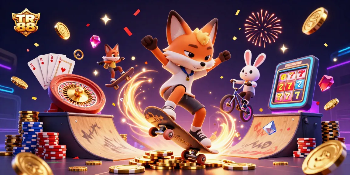 Experience vibrant action with TR 88 as the fox skater performs tricks on gold poker chips amidst casino elements.