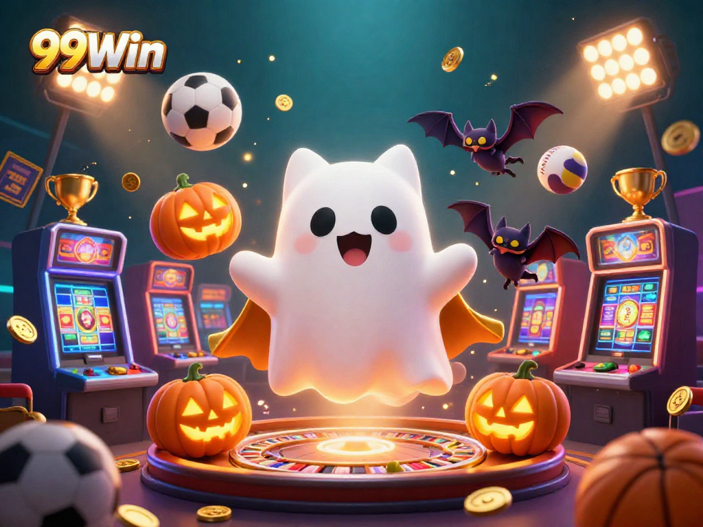 Immerse in 99Win's vibrant casino adventure with ghostly cat and lively game elements.