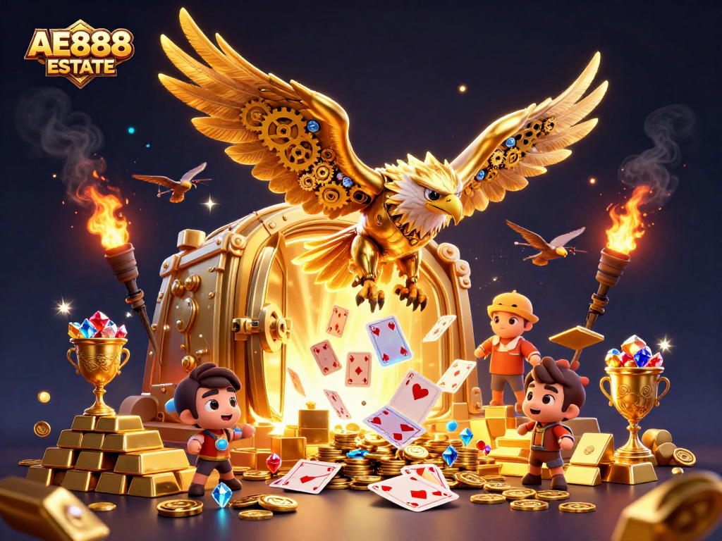 Experience exhilarating gameplay at AE888 ESTATE with a vibrant 3D illustration bringing the casino's energy to life.