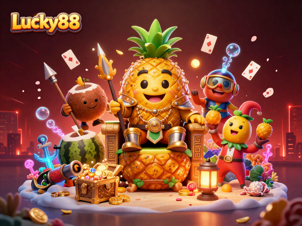 Engage with the exciting Lucky88 casino scene featuring a golden pineapple king and vibrant characters amid dynamic treasure.