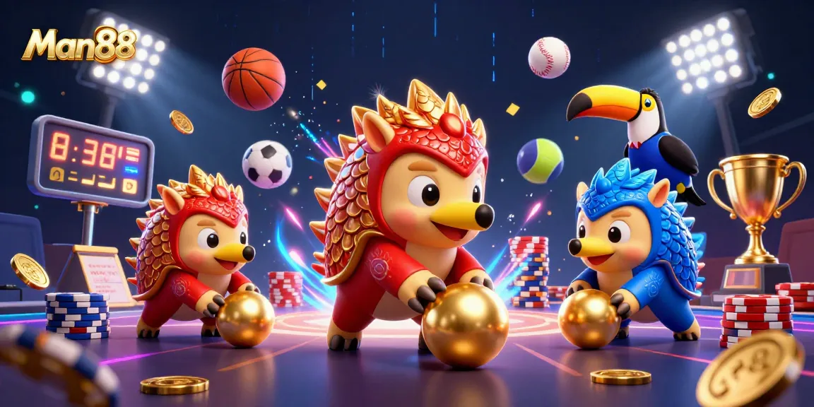 Man88 sports betting scene with animated pangolins competing among poker chips and sports balls