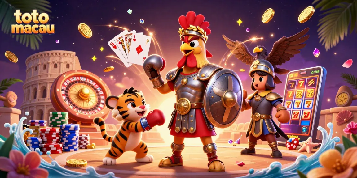 Menangkan permainan toto macau dengan aksi gladiator dan simbol kasino yang energik.