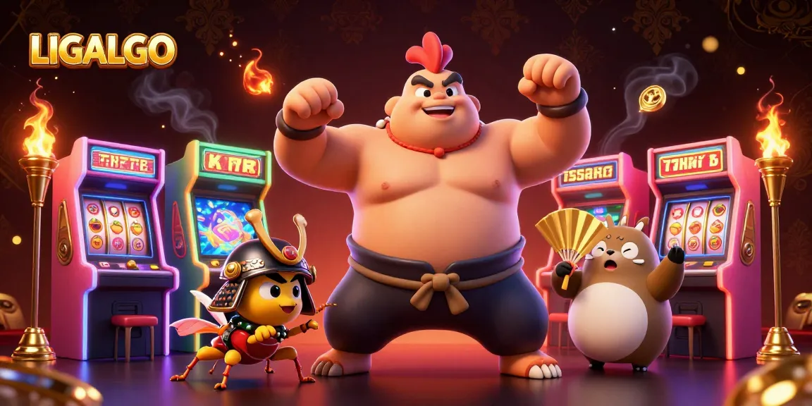 LIGALGO showcases an action-packed scene with sumo wrestling and vibrant slot game elements.