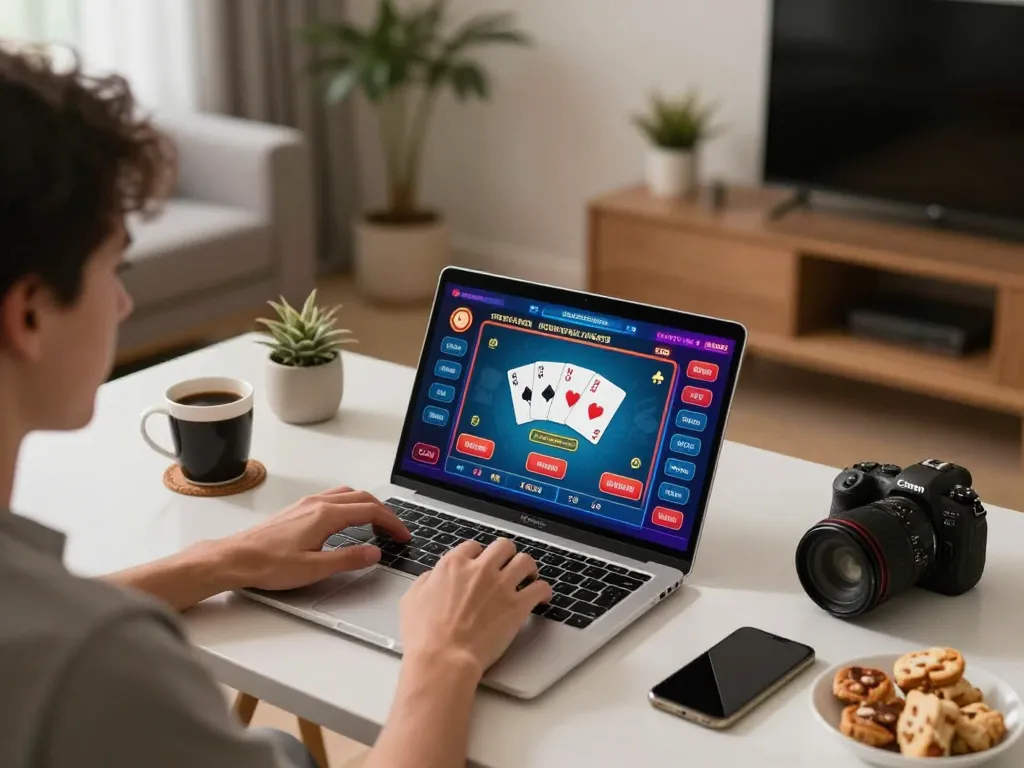 Playing poker on 11win's online platform in a cozy home setting with strategic elements.