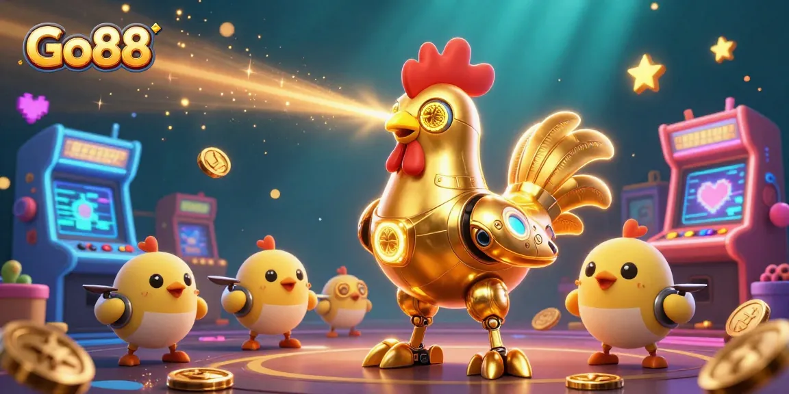 Go88 features golden rooster robot and colorful arcade elements for engaging gaming experience.