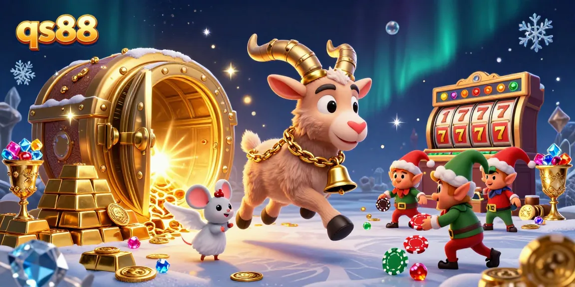 qs88 engages players in a vibrant casino world filled with treasures, slot reels, and festive characters.