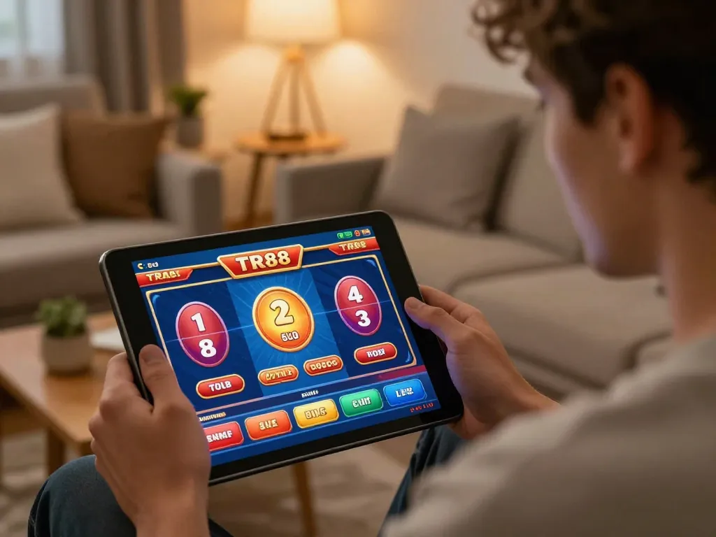 Player engaging with TR88 online casino game on tablet in cozy setting, showcasing responsible gaming.