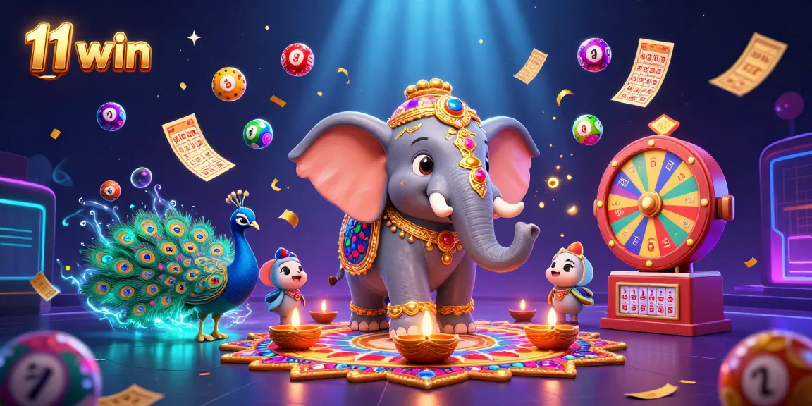 Experience the excitement of 11 win with vibrant lottery elements and colorful casino imagery.