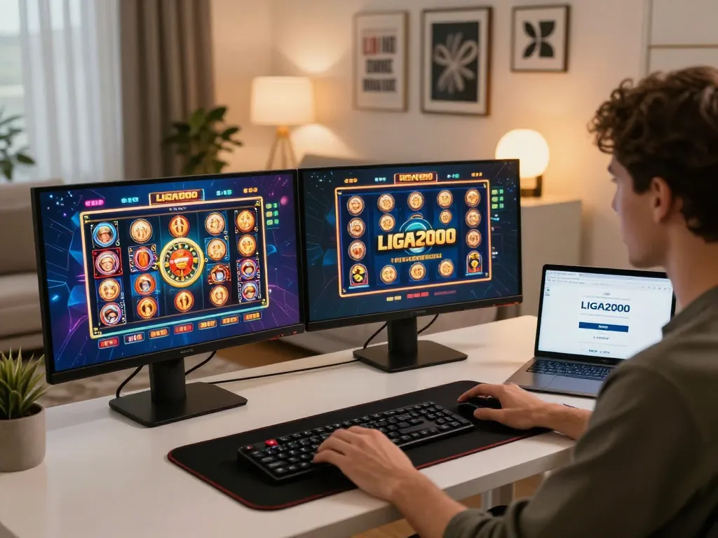 LIGA2000 player immersed in online casino gaming on dual monitors, showcasing strategic gameplay.