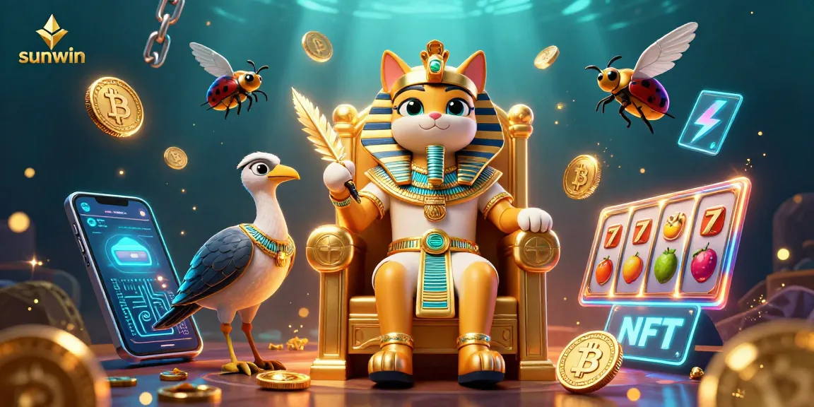 Experience exciting gambling with sunwin in a vibrant 3D illustration featuring a pharaoh cat, gold coins, and slot reels.