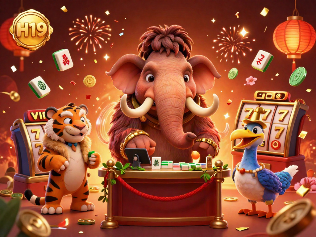 Experience the vibrant energy of H19 with a cartoon woolly mammoth bouncer checking IDs at a lively casino entrance.