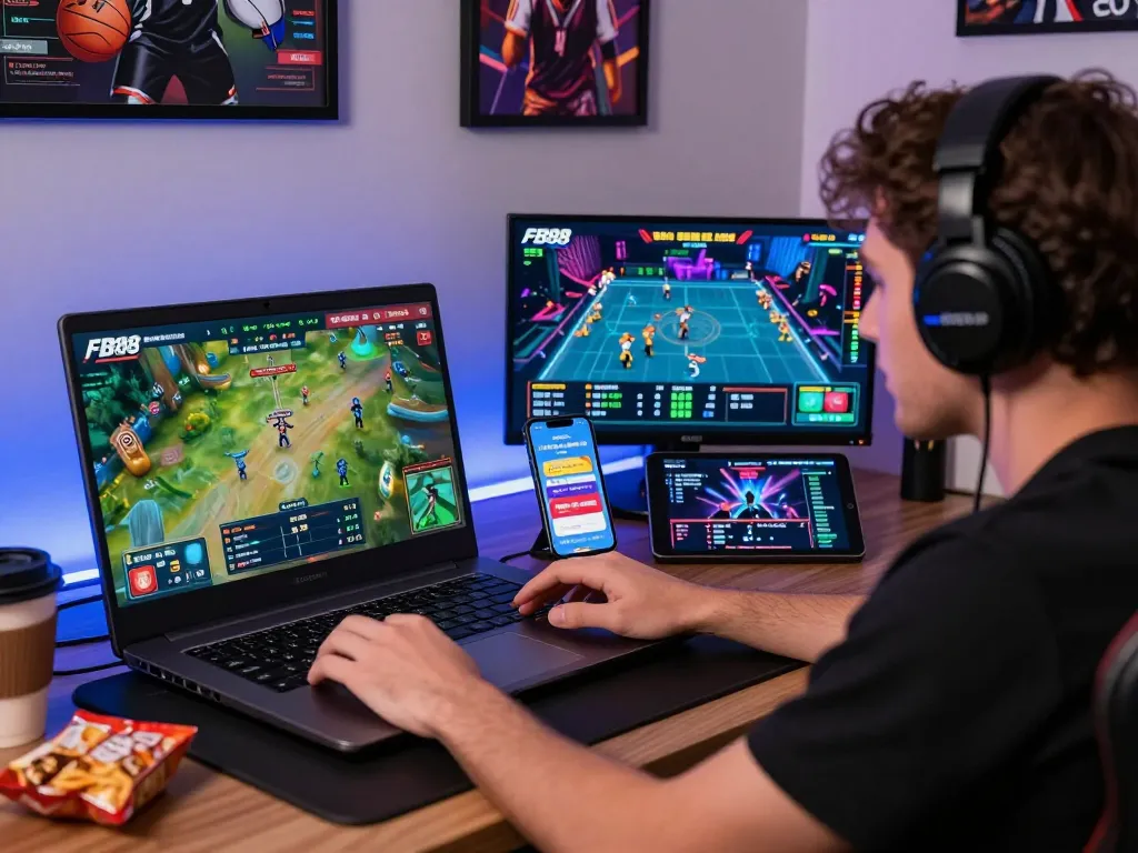 Engaged user betting on FB88 platform, showing link vào fb88 on laptop and smartphone, dynamic online gaming atmosphere.