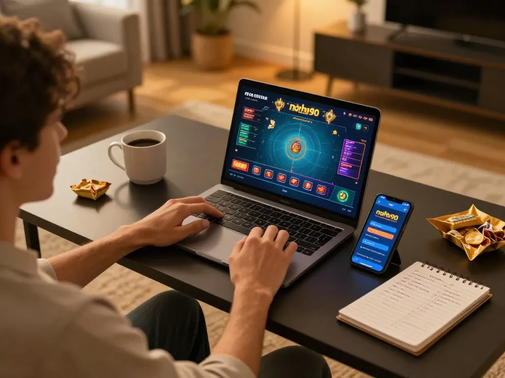 Engaged player enjoying nohu90 casino game on laptop at a stylish home desk.