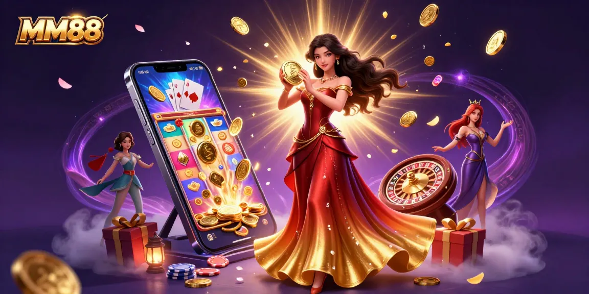 Win big at MM88 with a vibrant 3D illustration of a lady holding a golden coin amid cascading money.