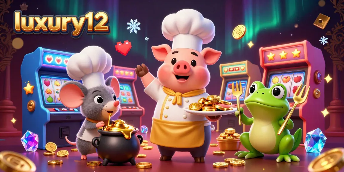 Engage with luxury12 and win big in this vibrant casino scene featuring gold coins, slot reels, and animated characters.