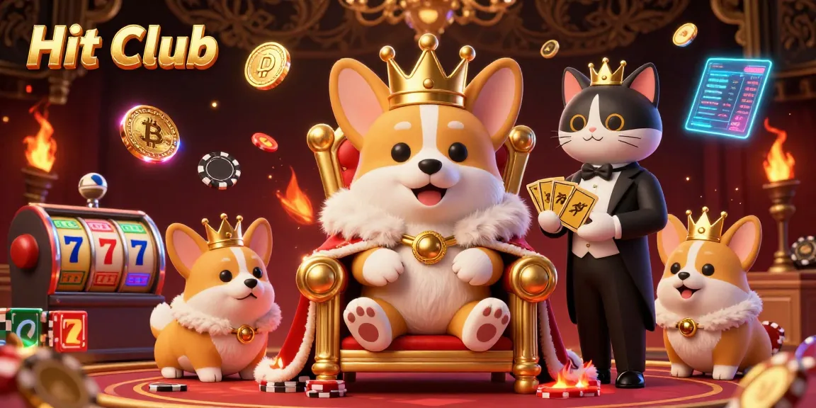 Experience the excitement at Hit Club with a royal corgi in a vibrant, dynamic casino scene.