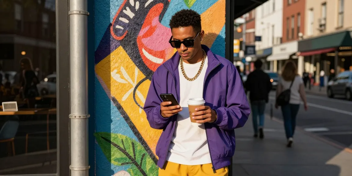 Fashion tips in action: Stylish individual showcasing vibrant streetwear in a lively urban setting.