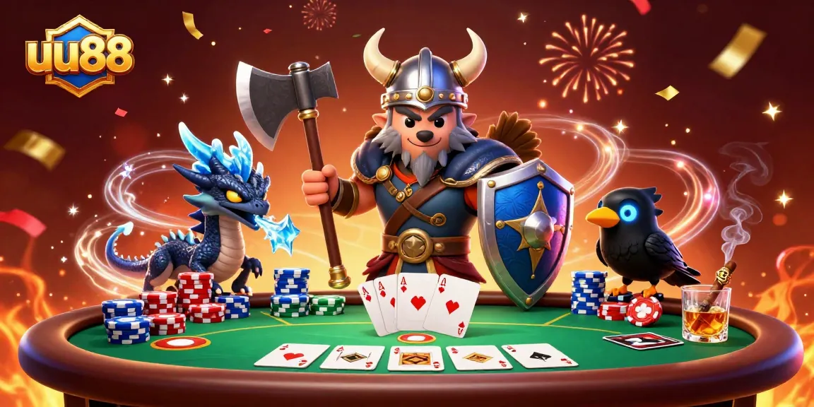 Watch the Viking wolf warrior, dragon, and raven play poker at uu88's vibrant, immersive casino scene.