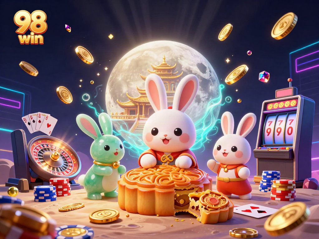 Engage with 98 win's lively casino atmosphere featuring a playful moon rabbit and golden mooncakes bursting with poker chips.