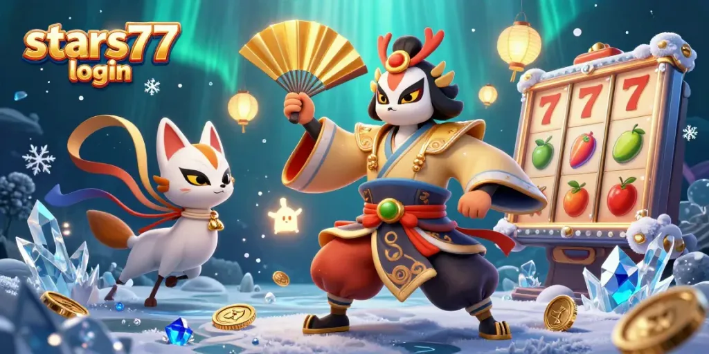Mengakses permainan di stars77 login dengan kabuki warrior crane dan simbol slot yang kaya warna.