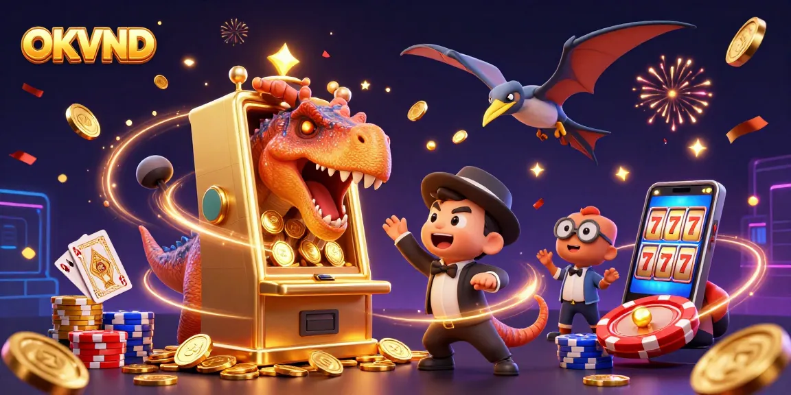 Catch golden coins with OKVND in a vibrant casino scene featuring themed dinosaurs.