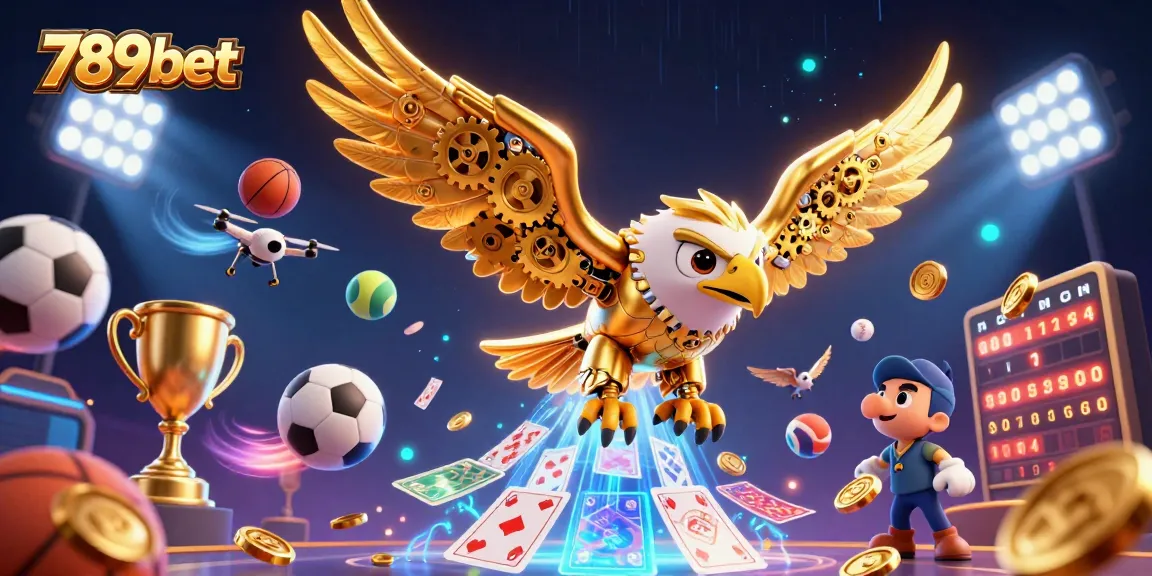 Engage with the vibrant 789bet sports betting scene featuring a cybernetic eagle amidst dynamic sports elements.