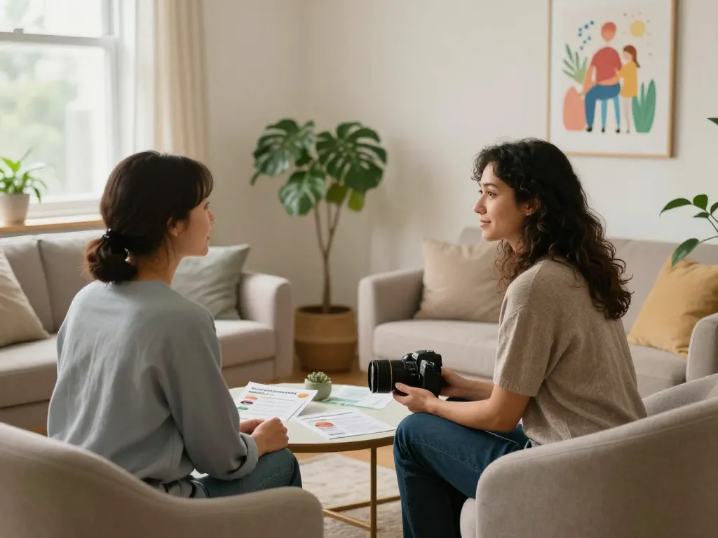 A calm therapy room scene focusing on mental health, featuring a consultation addressing 抑鬱症 in a welcoming atmosphere.