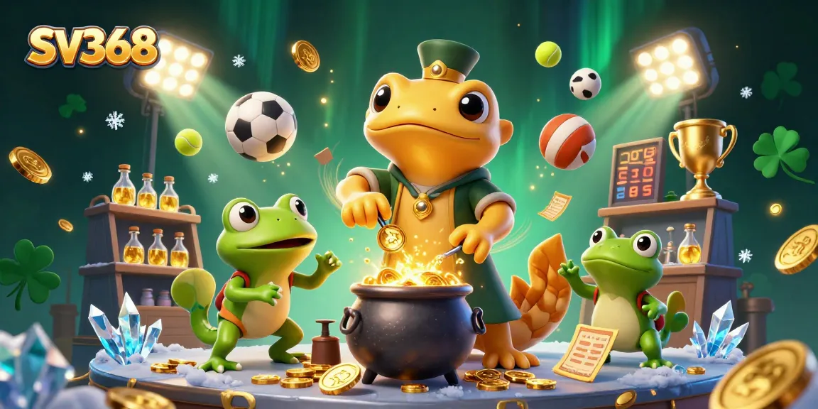 SV368 showcases a lively scene of alchemy and sports betting, blending fantasy and gambling elements.